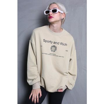 Madmext MG1577 Bej Bisiklet Yaka Baskılı Oversize Kadın Sweatshirt