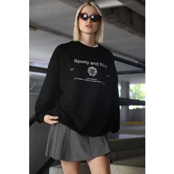Madmext MG1577 Siyah Bisiklet Yaka Baskılı Oversize Kadın Sweatshirt