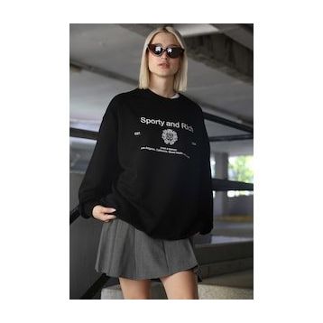 Madmext MG1577 Siyah Bisiklet Yaka Baskılı Oversize Kadın Sweatshirt
