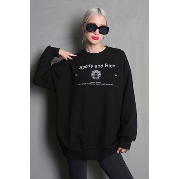 Madmext MG1577 Siyah Bisiklet Yaka Baskılı Oversize Kadın Sweatshirt