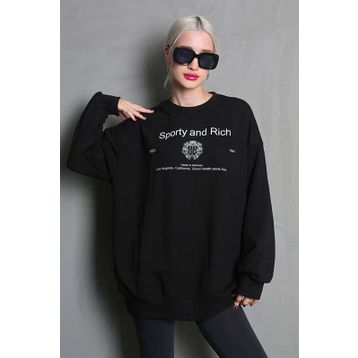 Madmext MG1577 Siyah Bisiklet Yaka Baskılı Oversize Kadın Sweatshirt