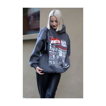 Madmext MG1581 Antrasit Baskılı Oversize Kapüşonlu Kadın Sweatshirt
