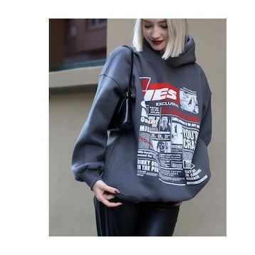 Madmext MG1581 Antrasit Baskılı Oversize Kapüşonlu Kadın Sweatshirt