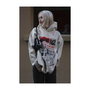 Madmext MG1581 Bej Baskılı Oversize Kapüşonlu Kadın Sweatshirt