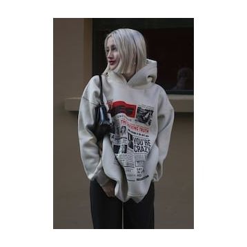 Madmext MG1581 Bej Baskılı Oversize Kapüşonlu Kadın Sweatshirt