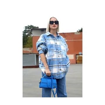 Madmext MG1589 Mavi Oversize Kadın Oduncu Gömlek