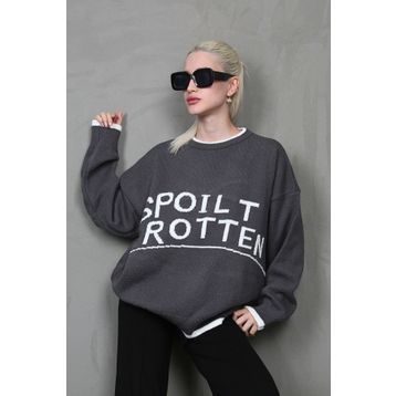 Madmext MG1596 Füme Yazılı Oversize Bisiklet Yaka Kadın Kazak