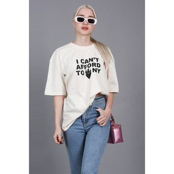Madmext MG1653 Ekru Bisiklet Yaka Kadın T-shirt