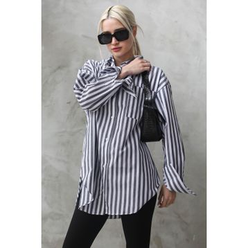 Madmext MG1688 Antrasit Çizgili Oversize Kadın Gömlek