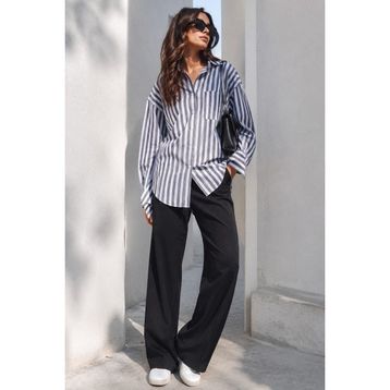 Madmext MG1688 Antrasit Çizgili Oversize Kadın Gömlek
