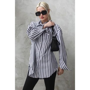 Madmext MG1688 Antrasit Çizgili Oversize Kadın Gömlek