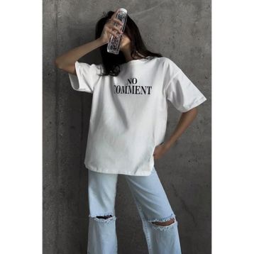 Madmext MG1763 Beyaz Baskılı Bisiklet Yaka Kadın T-shirt