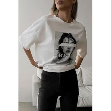 Madmext MG1764 Ekru Oversize Baskılı Kadın T-shirt