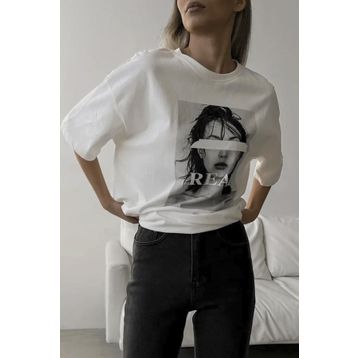 Madmext MG1764 Ekru Oversize Baskılı Kadın T-shirt