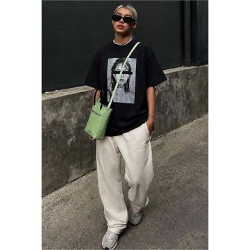 Madmext MG1764 Siyah Oversize Baskılı Kadın T-shirt