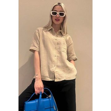 Madmext MG1784 Bej Muslin Kumaş Basic Kadın Gömlek