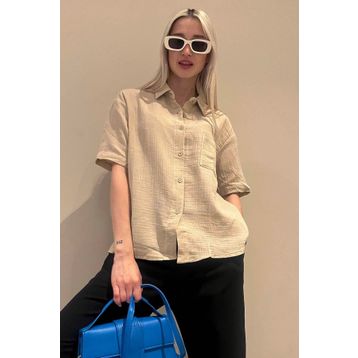 Madmext MG1784 Bej Muslin Kumaş Basic Kadın Gömlek