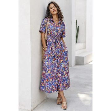 Madmext MG1821 Mavi Çiçek Desenli Gömlek Yaka Midi Elbise