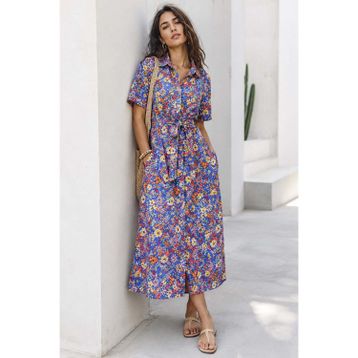 Madmext MG1821 Mavi Çiçek Desenli Gömlek Yaka Midi Elbise