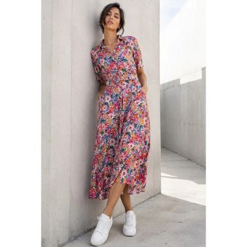 Madmext MG1821 Pembe Çiçek Desenli Gömlek Yaka Midi Elbise