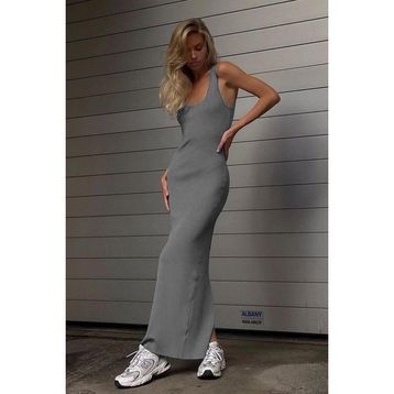 Madmext MG1828 Füme Kare Yaka Uzun Yırtmaçlı Elbise