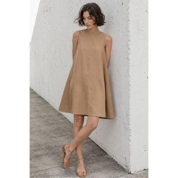 Madmext MG1831 Bej Sıfır Kol Salaş Keten Elbise