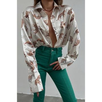 Madmext MG187 Mad Leoparlı Mavi Saten Kadın Gömlek