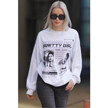Madmext MG1923 Beyaz Baskılı Oversize Kadın Sweatshirt