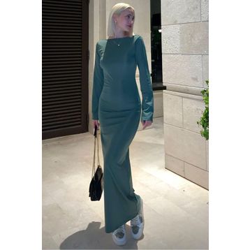 Madmext MG1993 Yeşil Kayık Yaka Sırt Detaylı Maxi Uzun Elbise