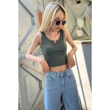 Madmext MG362 Mad Girls Önü Detaylı Haki Crop Top