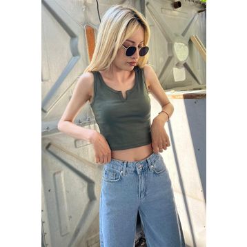 Madmext MG362 Mad Girls Önü Detaylı Haki Crop Top