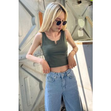 Madmext MG362 Mad Girls Önü Detaylı Haki Crop Top