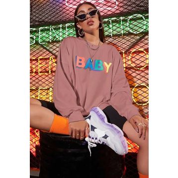 Madmext MG791 Pudra Mad Girls Baby Baskılı Kadın Sweatshirt