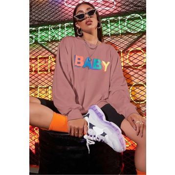 Madmext MG791 Pudra Mad Girls Baby Baskılı Kadın Sweatshirt