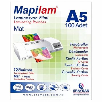 Mapilam 125 Mikron A5 Parlak Polyester 100'lü Laminasyon Filmi