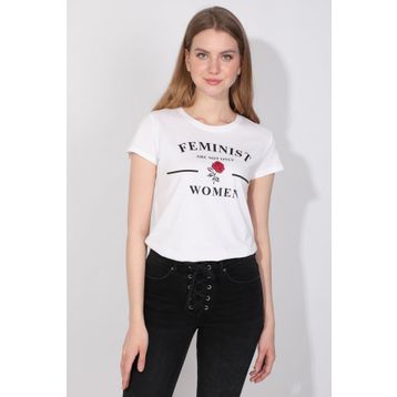 Markapia Beyaz Kadın Bisiklet Yaka Baskılı T-Shirt