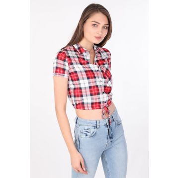 Markapia Crop Ekose Kırmızı Kadın Gömlek