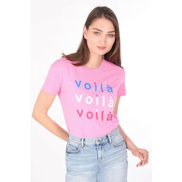 Markapia Kadın Baskılı Bisiklet Yaka T-shirt Pembe