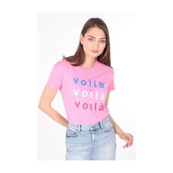 Markapia Kadın Baskılı Bisiklet Yaka T-shirt Pembe
