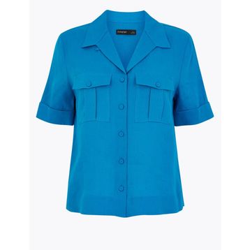 Marks & Spencer Kısa Kollu Mavi Keten Gömlek