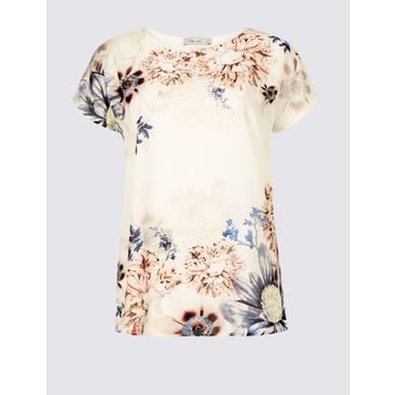 Marks & Spencer Mavi Çiçek Desenli Bayan T- Shirt