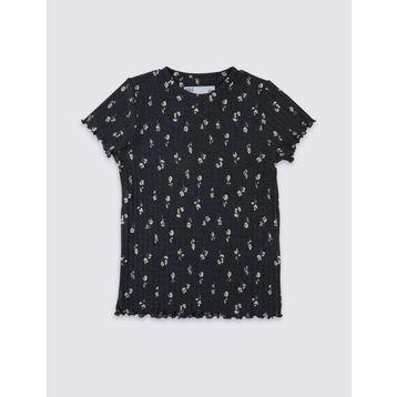 Marks & Spencer Mavi Çiçek Desenli Bayan T- Shirt