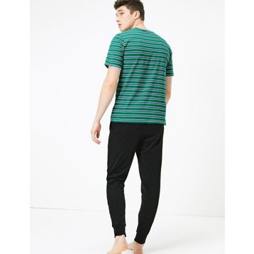 Marks & Spencer Yeşil Çizgili Saf Pamuklu Erkek Pijama Takımı