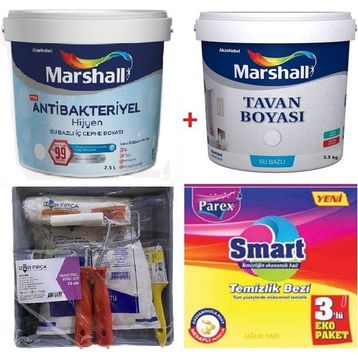 Marshall İnci Tanesi 2.5 lt Antibakteriyel Hijyen Silinebilir Duvar Boyası Marshall 3.5 kg Tavan Boyası ve İzmir Fırça Duvar Boyama Seti