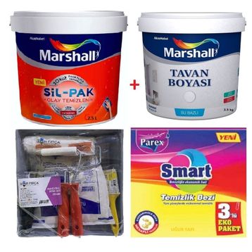 Marshall Meteor 2.5 lt Silikonlu SilPak Leke Tutmaz Duvar Boyası Marshall 3.5 kg Tavan Boyası ve İzmir Fırça Duvar Boyama Seti