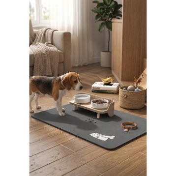 Matgo 50x70 cm Kemik Figürlü Su Geçirmez Kaymaz Gri Kedi Köpek Mama Paspası