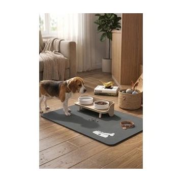Matgo 50x70 cm Kemik Figürlü Su Geçirmez Kaymaz Gri Kedi Köpek Mama Paspası