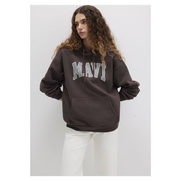 Mavi 70222 1600361 Logo Baskılı Kapüşonlu Kahverengi Kadın Sweatshirt