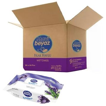 Mavi Beyaz 90 Yaprak Lavanta 24'lü Set 90 Yaprak Plastik Kapaklı Islak Havlu Mendil