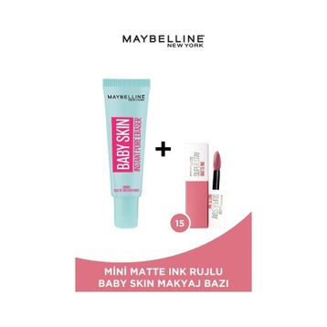 Maybelline Baby Skin Gözenek Gizleyici Makyaj Bazı + Mini Super Stay Matte Ink 15 Lover 2.7 ml Ruj